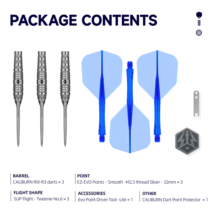 Caliburn RIX R3 EZ-EVO Steeldarts Packungsinhalt