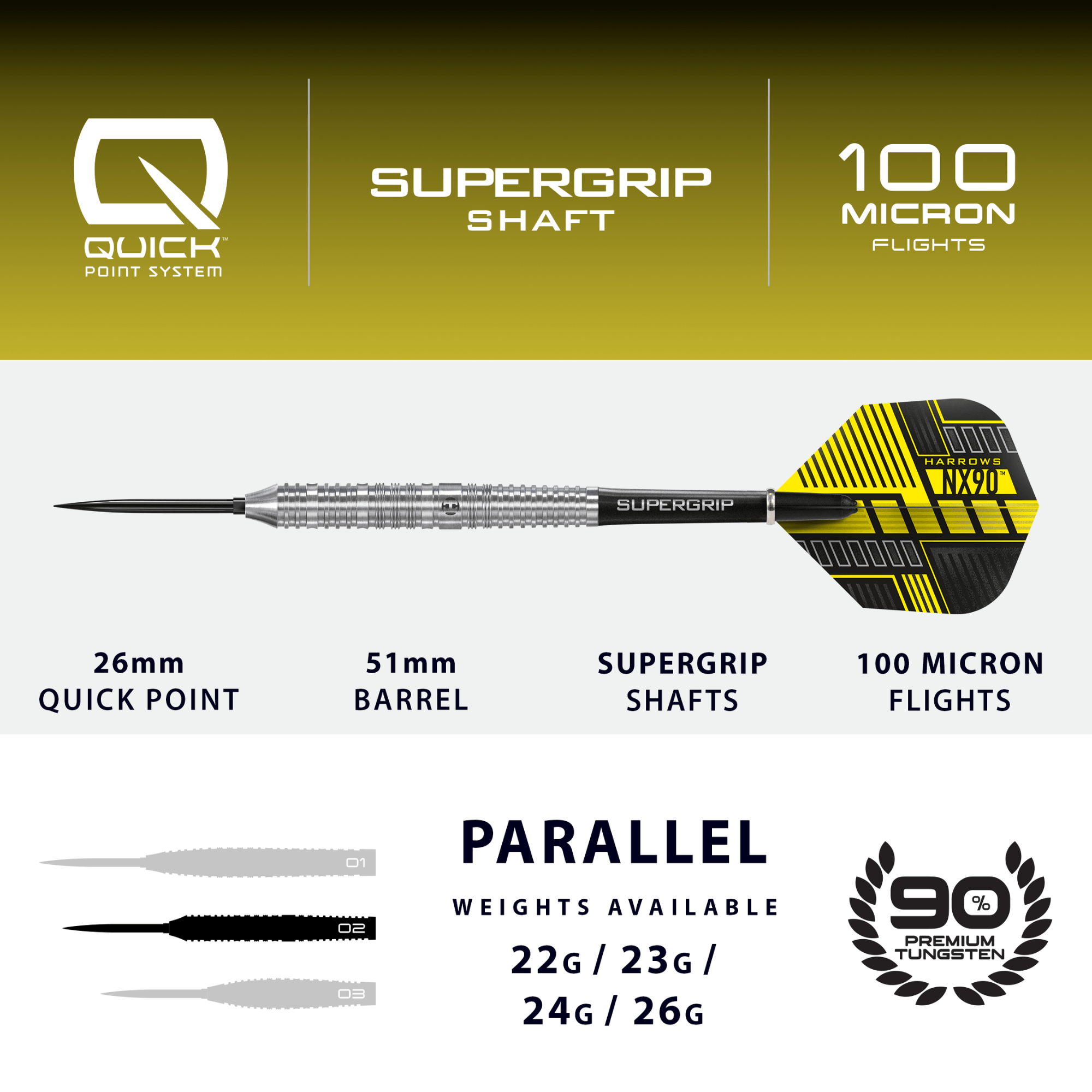 Harrows NX90 Parallel Quick Point Steeldarts Maße