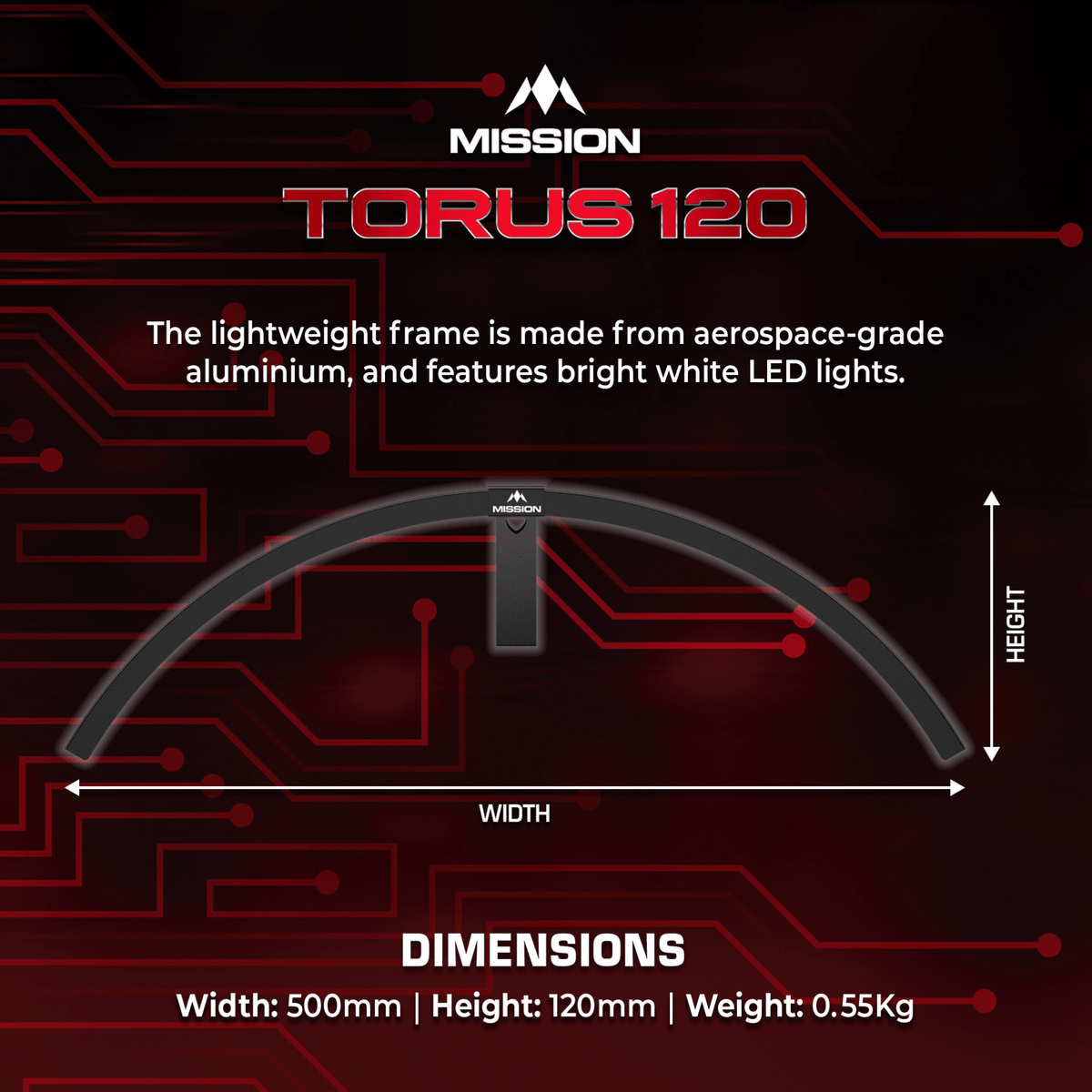 Mission Torus 120 Dartboard Beleuchtung Schwarz Abmessung