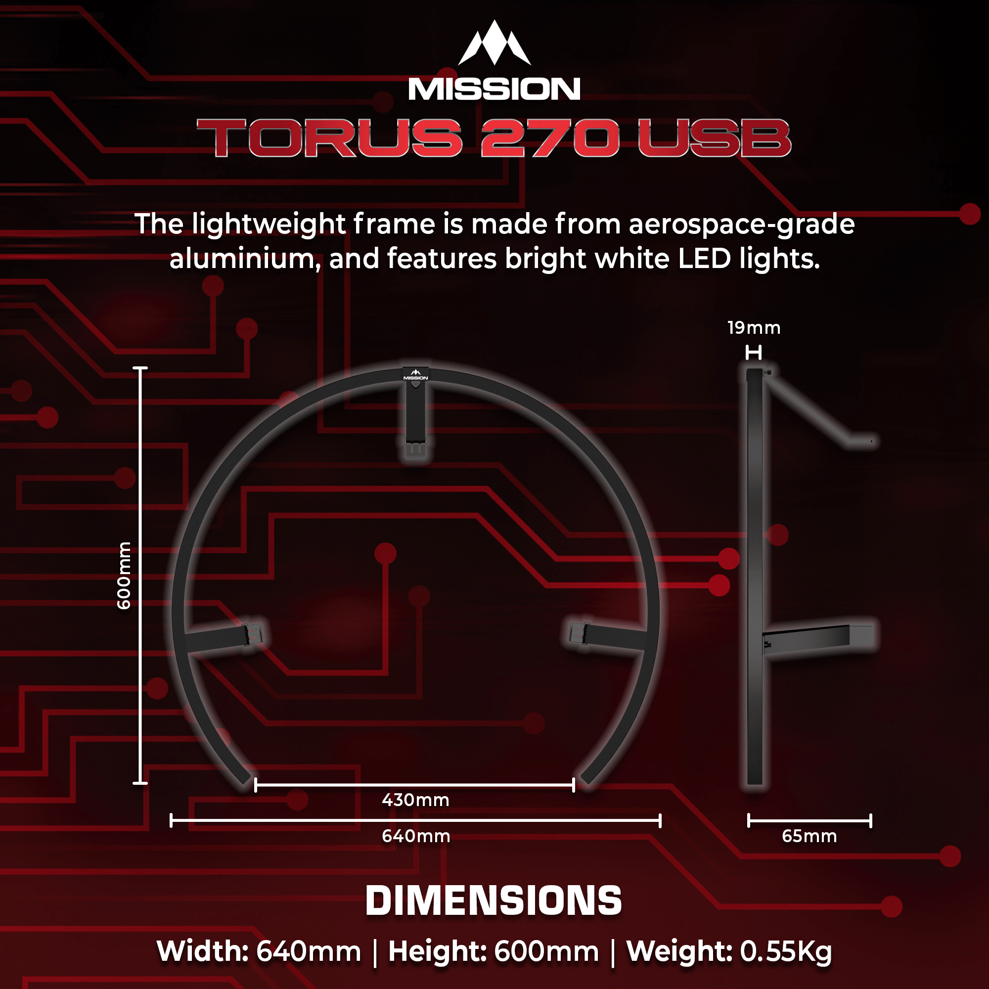 Mission Torus 270 Dartboard Beleuchtung Schwarz Abmesung