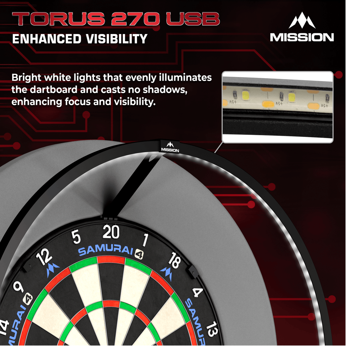 Mission Torus 270 Dartboard Beleuchtung Schwarz Details LEDs