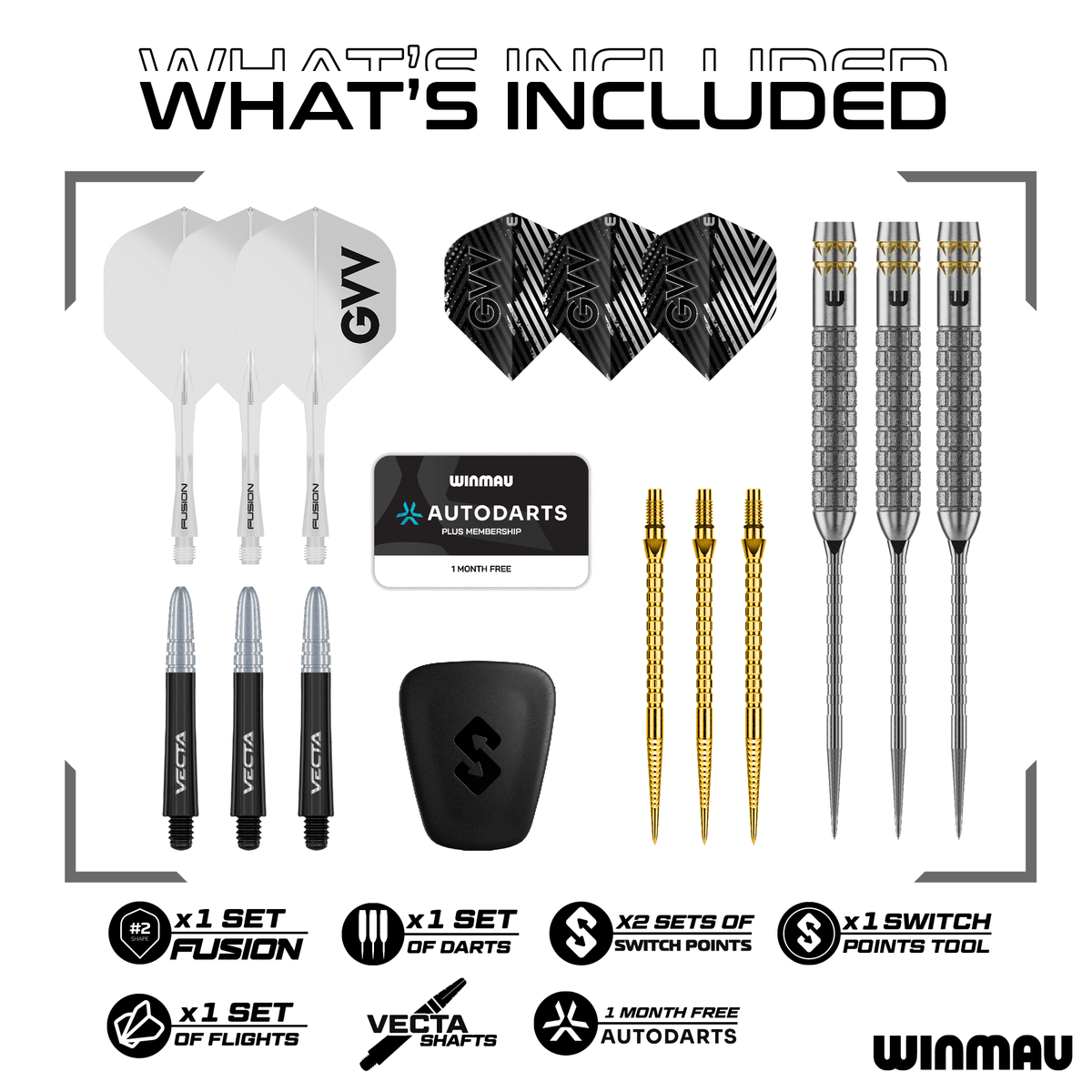 Winmau GVV W-MAX Switch Point Steeldarts Packungsinhalt